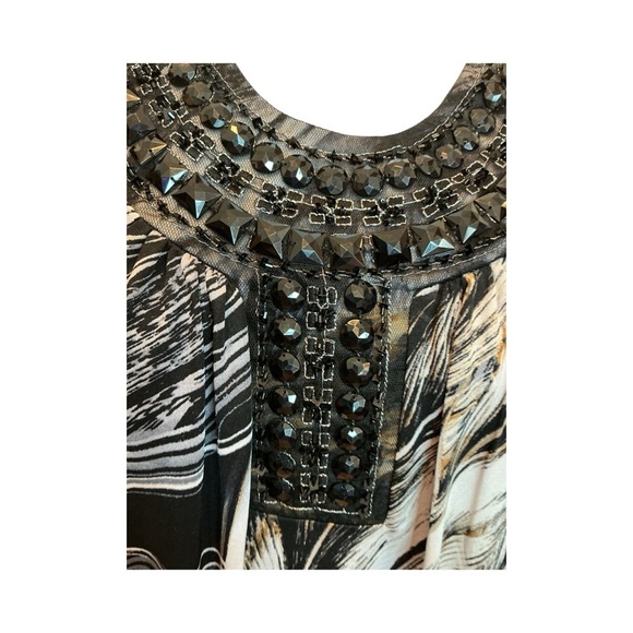 Cocomo Beaded Scoop Neck Batwing Top | Black Silver Marble Print | Size L - Picture 5 of 7
